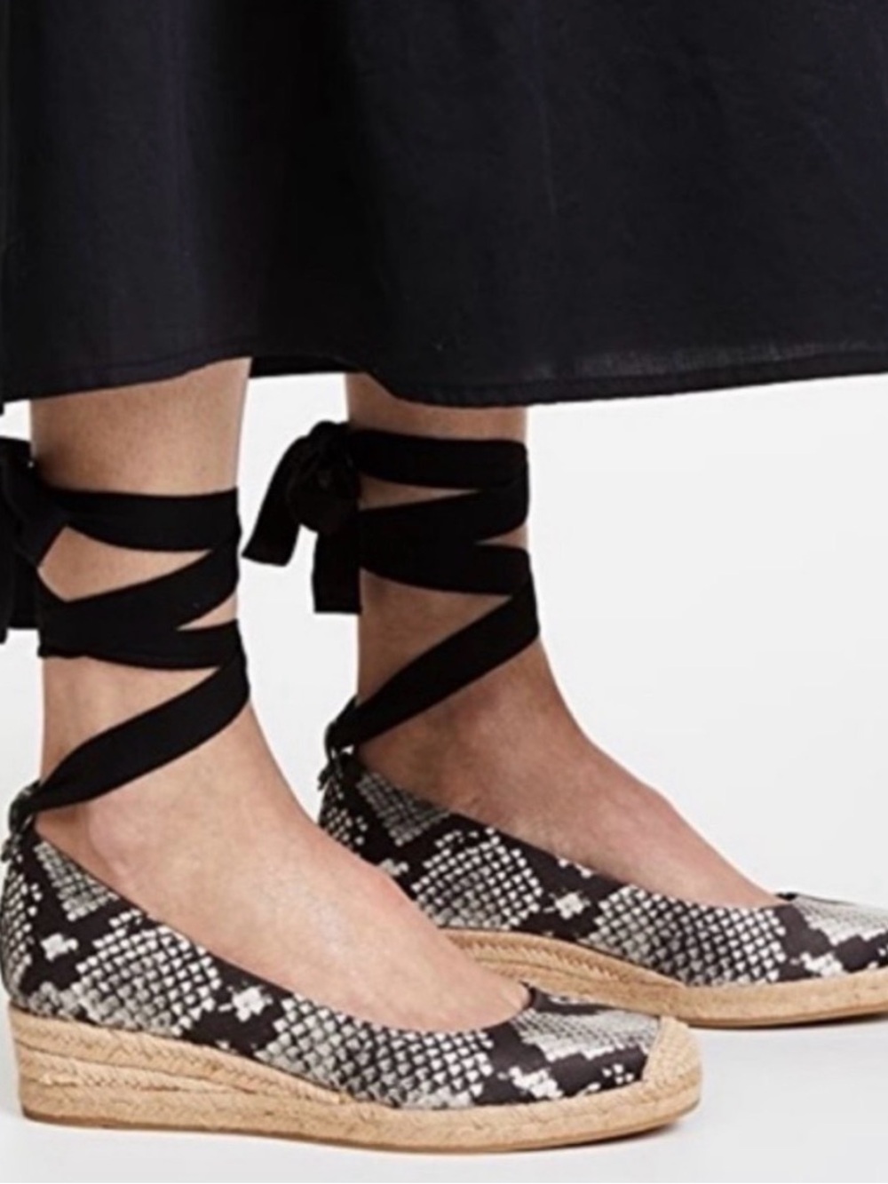 Tory Burch Black & Cream Snake-Print Espadrille Wedge with Ankle Wrap